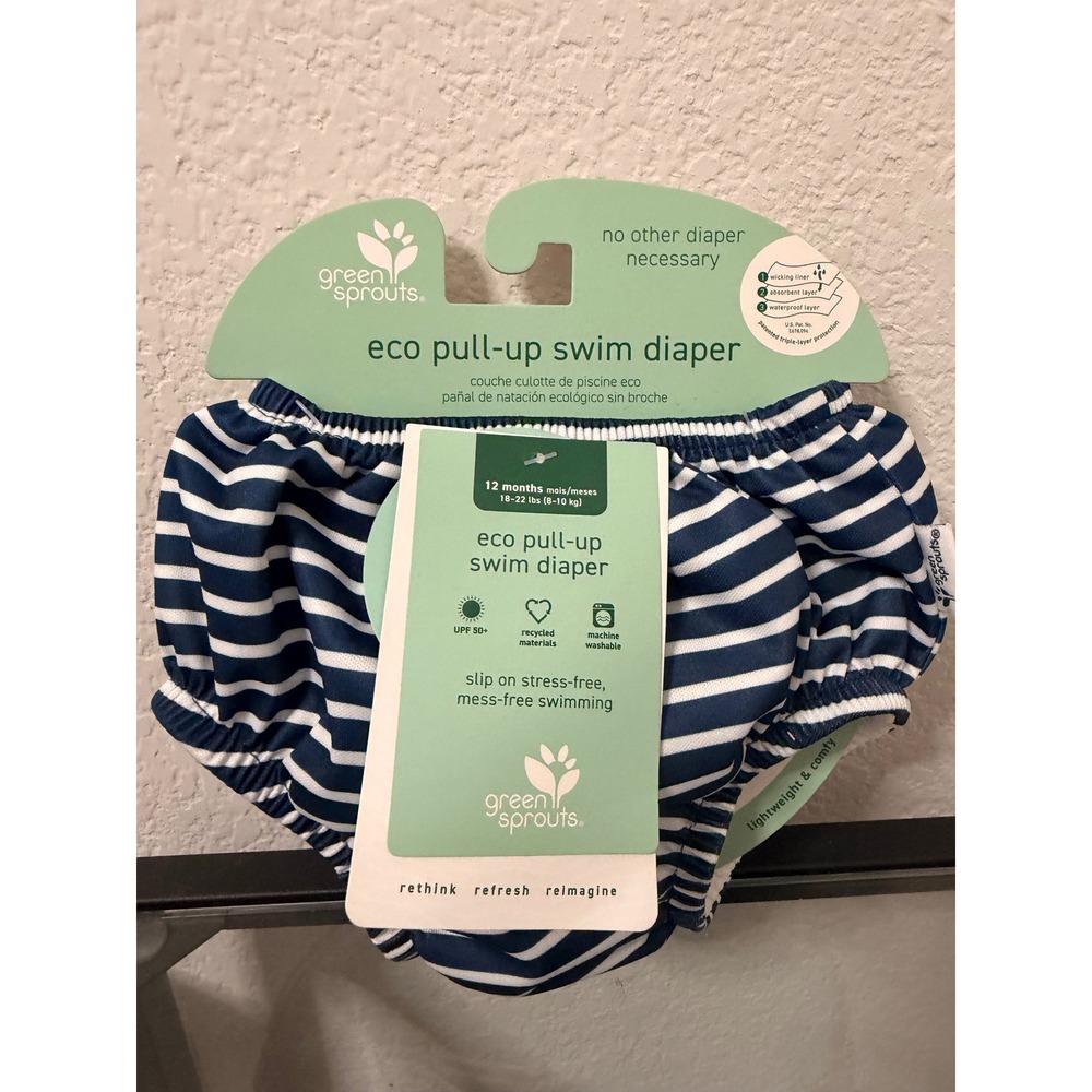 Green Sprouts Eco Pull Up Swim Diaper Navy White Stripe Reusable‎ Baby 12 Months